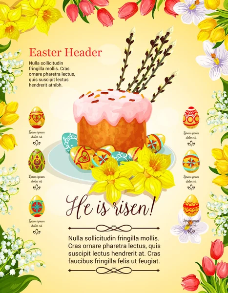 꽃 장식으로 부활절 케이크와 계란 포스터 — 스톡 벡터