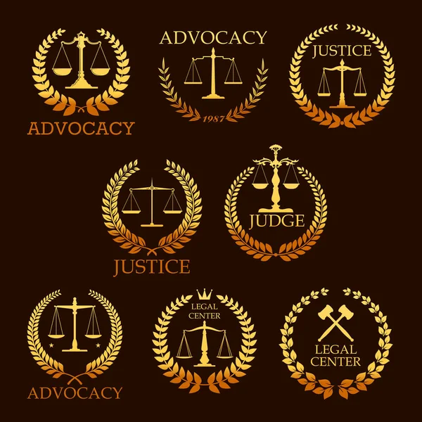 Advocacy or lawyer vector gold heraldic icons — Stock Vector