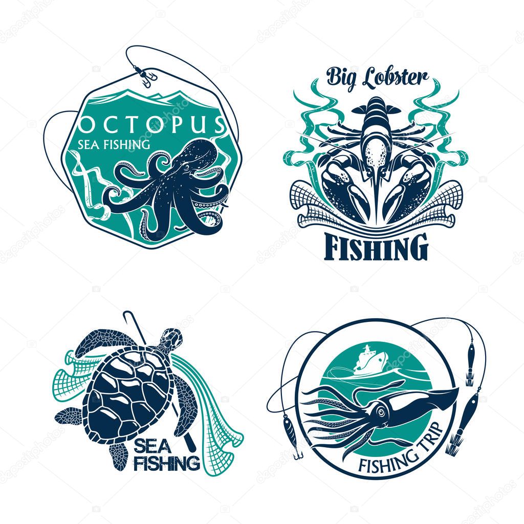 Fishing sport club or trip vector icons set