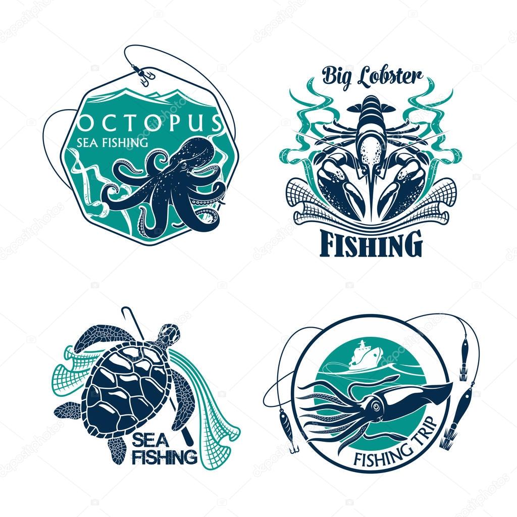Fishing trip vector icons of catch and fisher tackle. Emblems of octopus and squid, turtle and lobster. Badges and ribbons, fisherman rods and fish net, baits or lures and hooks for fishery club