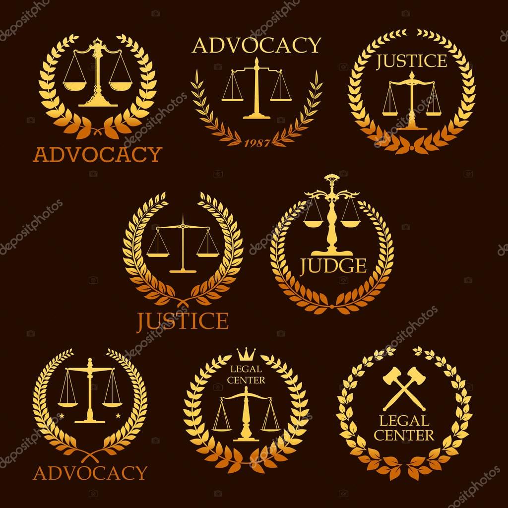 Justice and advocacy vector gold icons. Heraldic emblems of law scales and judge gavel, laurel wreath. Golden signs for legal center, advocate or court lawyer and judicial right attorney