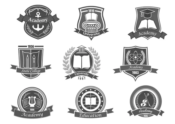 Colegio o universidad vector iconos o emblemas conjunto — Archivo Imágenes Vectoriales