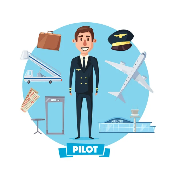 Pilot profession man and vector flight items — Stock Vector