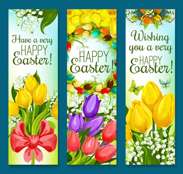 Ovos de Páscoa e flores saudação banner set design — Vetor de Stock
