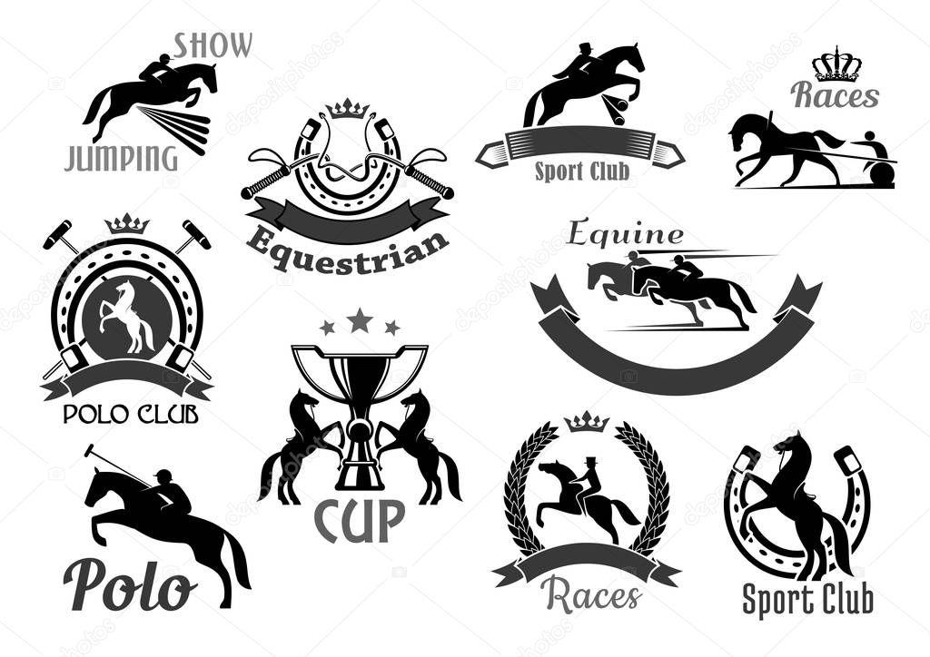 Horse races or equine sport club vector icons. Emblems of polo game, equestrian jump show or racing with symbols of horseshoe, rider winner or horserace victory cup award and crown laurel wreath