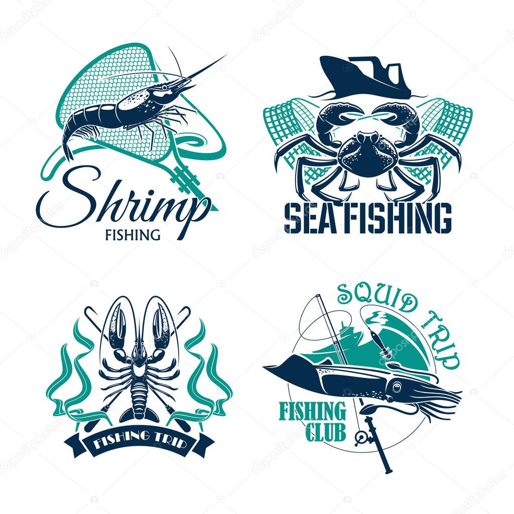 Sea fishing trip vector icons of crab, shrimp or prawn and squid. Emblems of fisher club with seafood catch and fishery tackle rods and fish net, baits or lure hooks and fisherman ships or boats
