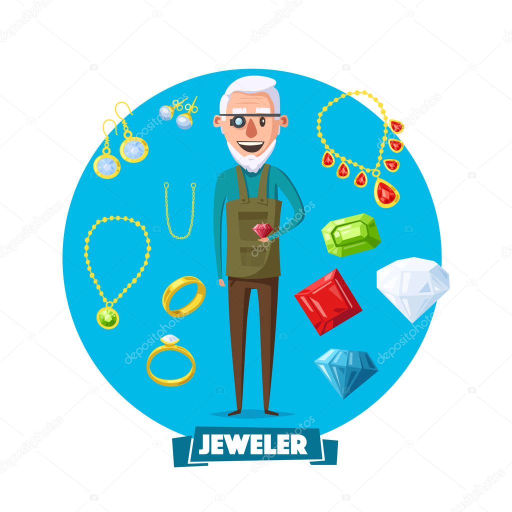 Jeweler man profession and jewelry vector items