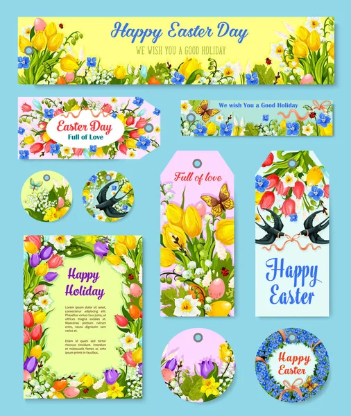 Páscoa ovo floral tag e conjunto de cartaz de saudação —  Vetores de Stock