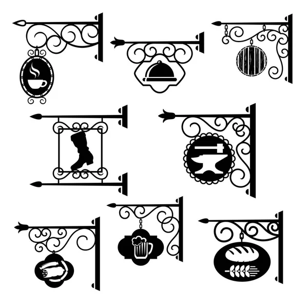 Магазин и мастерская металлические кованые знаки векторные иконки — стоковый вектор
