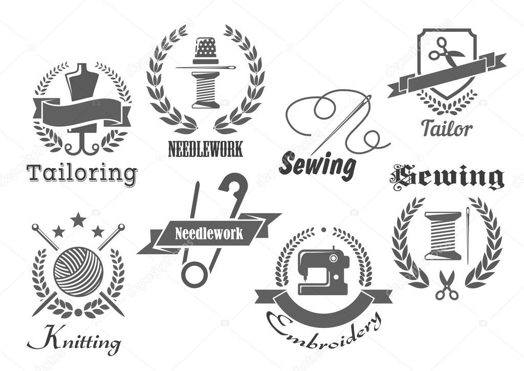 Sewing or tailor vector icons. Emblems for embroidery, tailoring or knitting needlework with sew thread in needle and thimble, scissors and wool clew, sewing machine and cloth ribbons with wreath