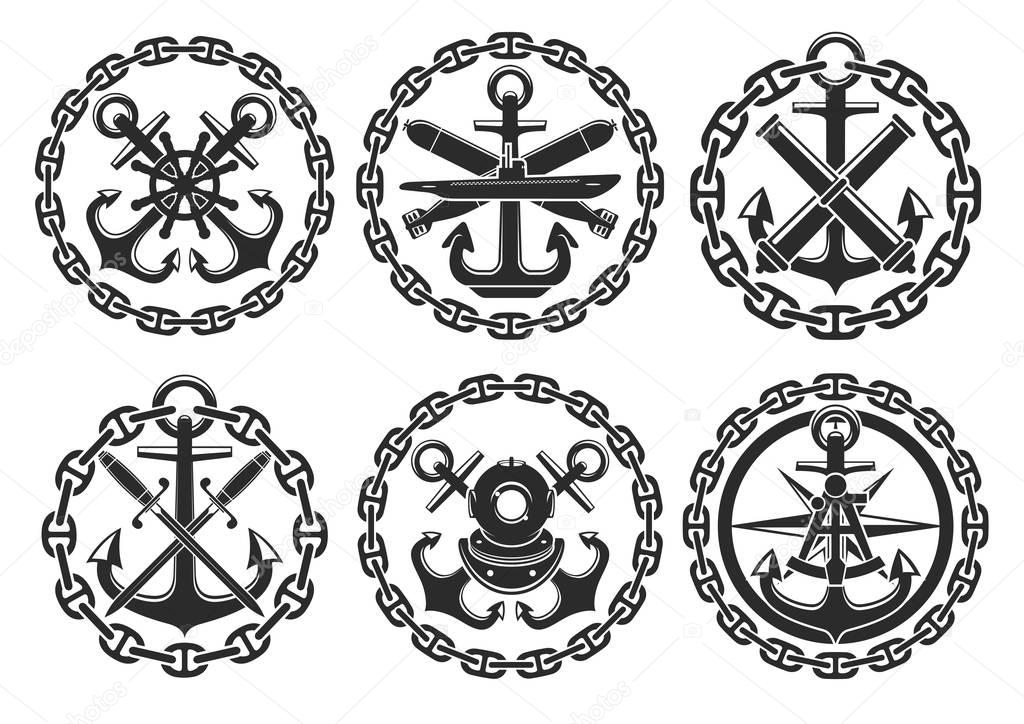 Nautical heraldic emblems and badges of anchor and helm, sailor compass and warhead bombs, ship chains and marine sabers with navigation sextant and scuba diver helmet. Vector isolated round icons