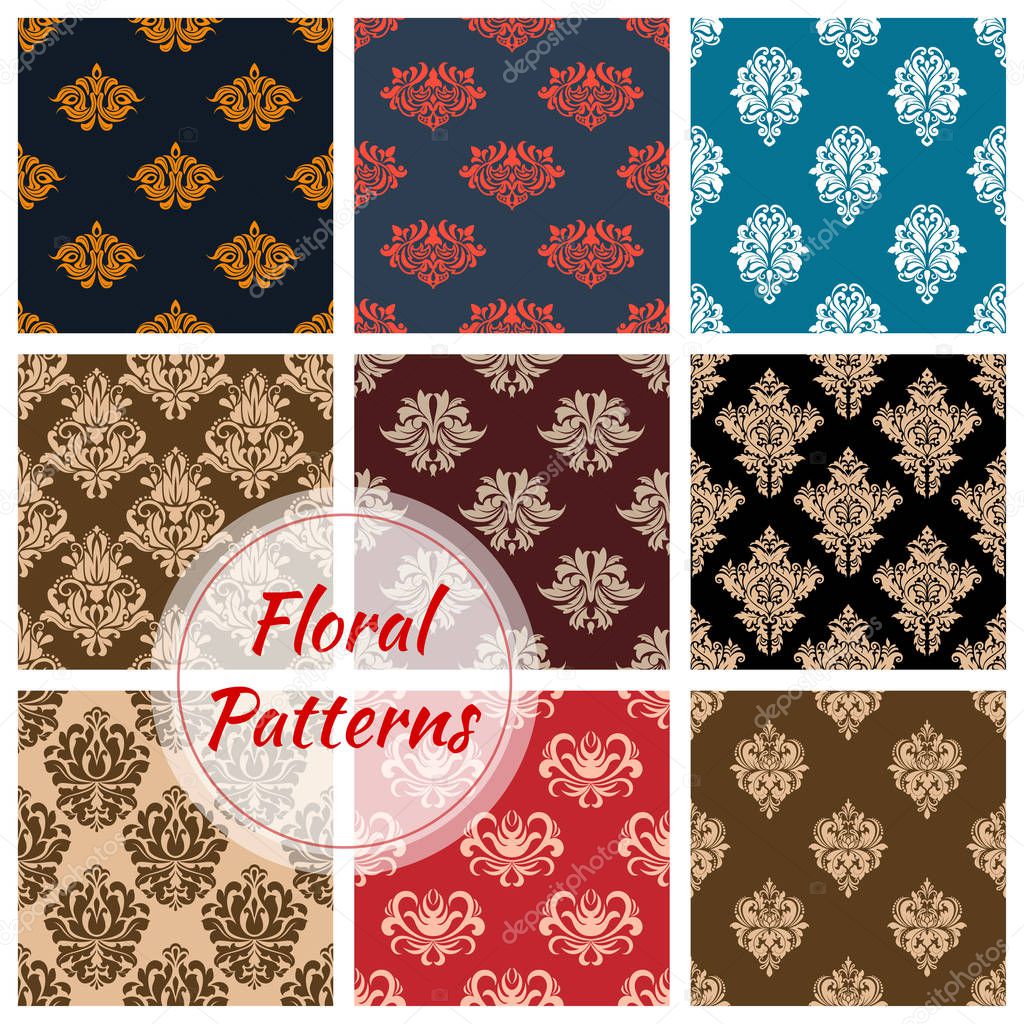 Floral damask ornament seamless vector patterns