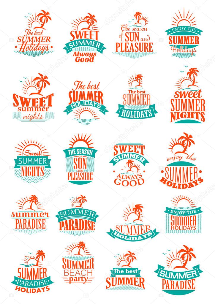 Summer holidays icons set. Sea holiday vacations or travel adventure symbols of sun and sand beach paradise, ocean waves with palms and sunset for relax resort and rest pleasure