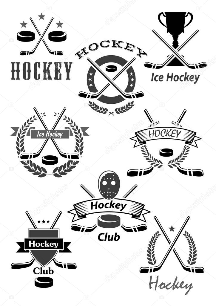 Ice hockey vector icons or championship award emblems for game tournament. Symbols of hockey puck, stick and goalkeeper mask, winner cup and victory laurel wreath for team contest ribbons and stars
