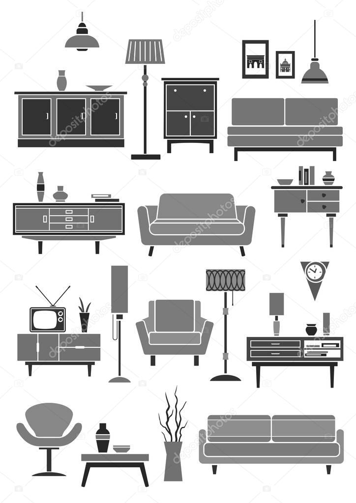 Home furniture and vector interior items