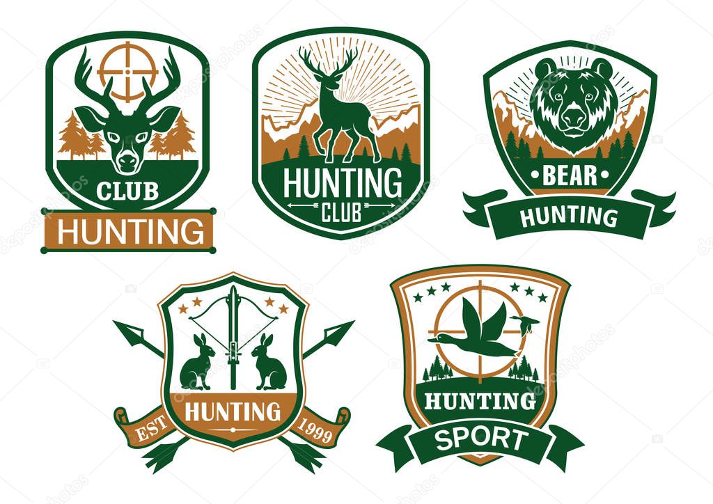 Hunting club icons. Hunter sport symbols of with wild animals deer or elk, grizzly bear, rabbit or hare and ducks. Hunt adventure vector badges and ribbons with guns, riffles and crossbow