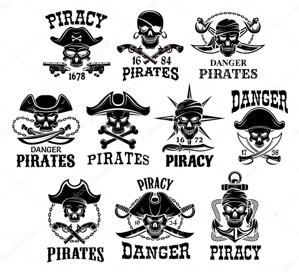 Pirates skulls and Jolly Roger symbols. Captain skeleton in bandana or tricorne hat with patch on eye. Vector icons of piracy robbers flag with anchor or cannon gun, crossed swords and pistols