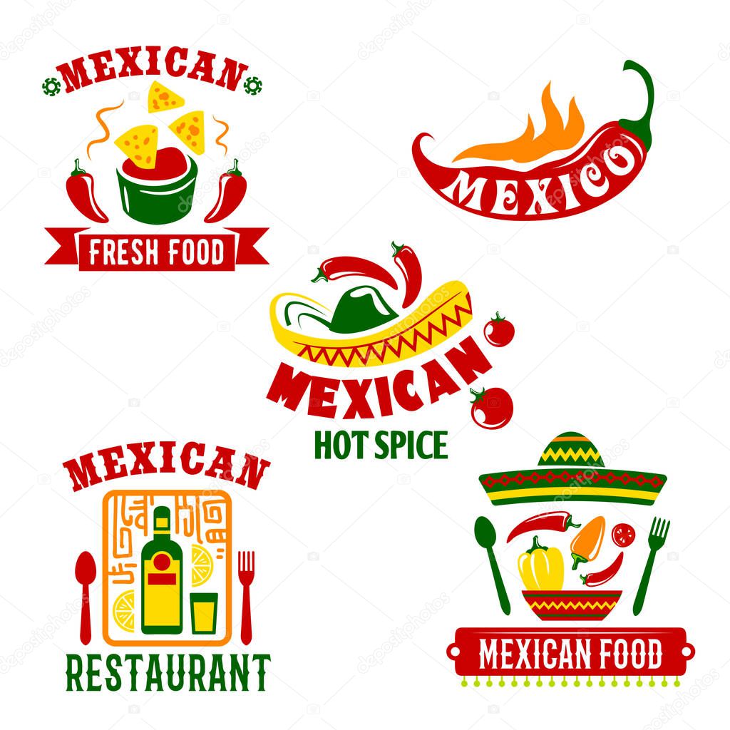 Mexican restaurant or cafe bar icons set. Mexico cuisine vector symbols of spicy chili pepper jalapeno, tequila drink and lime, nachos chips with salsa sauce and traditional sombrero hat