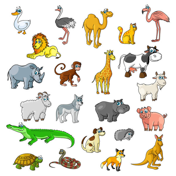 Zoo animals, birds and pets vector cartoon icons