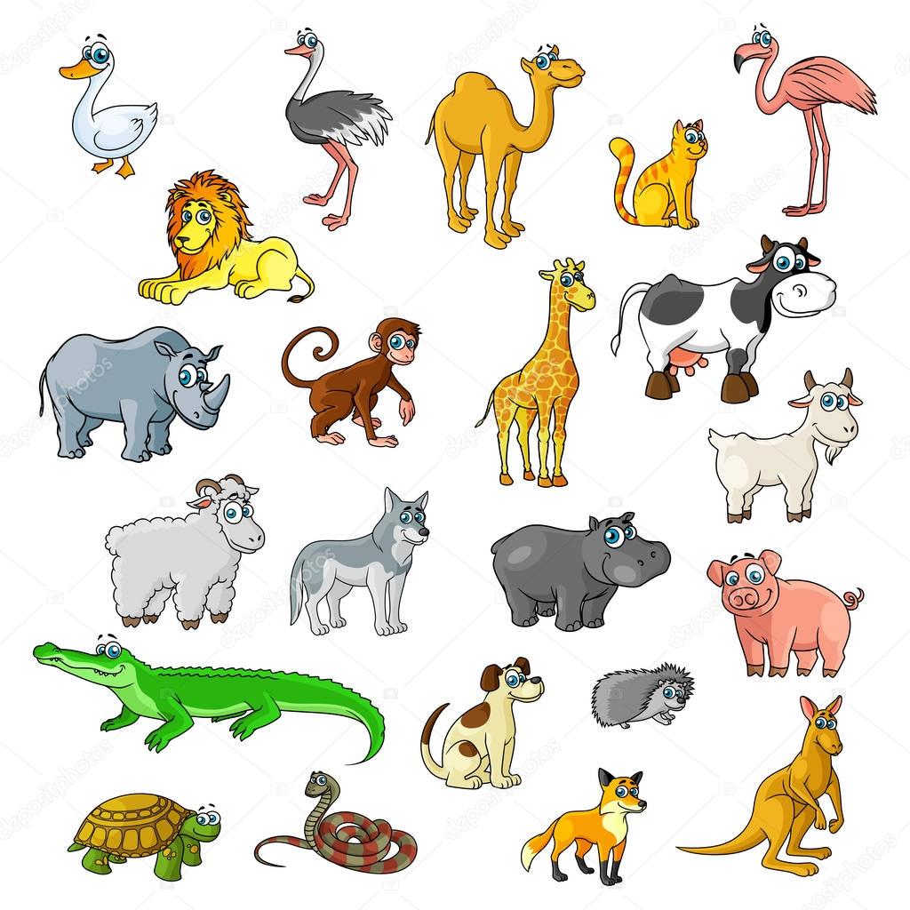 Zoo animals, birds and pets vector cartoon icons