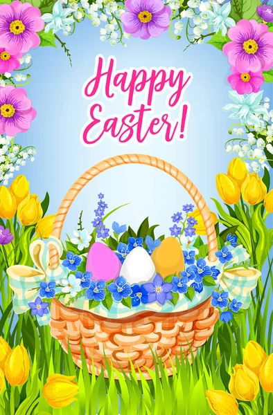 Happy Easter vector greeting card basket flowers — Stock Vector