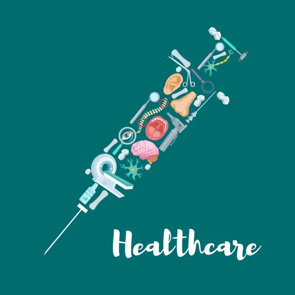 Шприц з медичними іконами для дизайну медицини — стоковий вектор