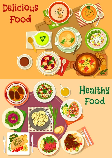 Soup, salad and meat dishes icon set design — Stock Vector