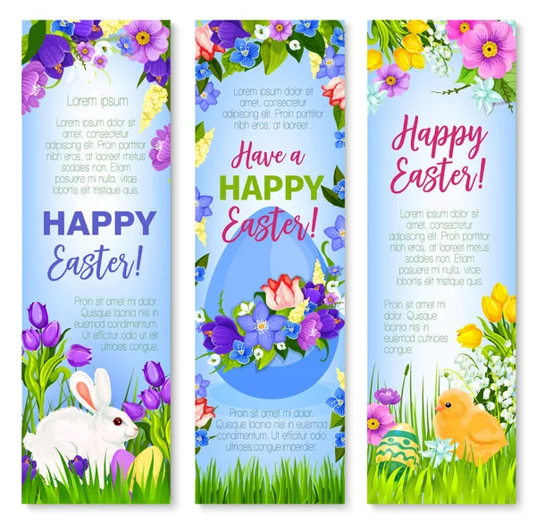 Joyeux oeufs de Pâques, bannières de salutation vectorielles lapins — Image vectorielle