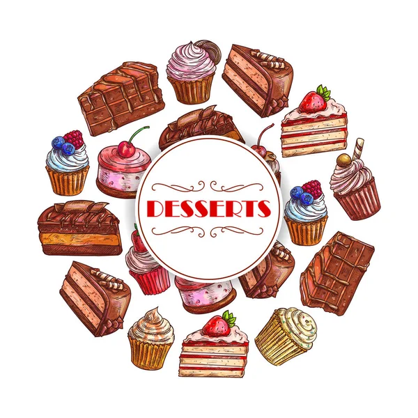 Bolos de sobremesa e cupcakes vector poster — Vetor de Stock