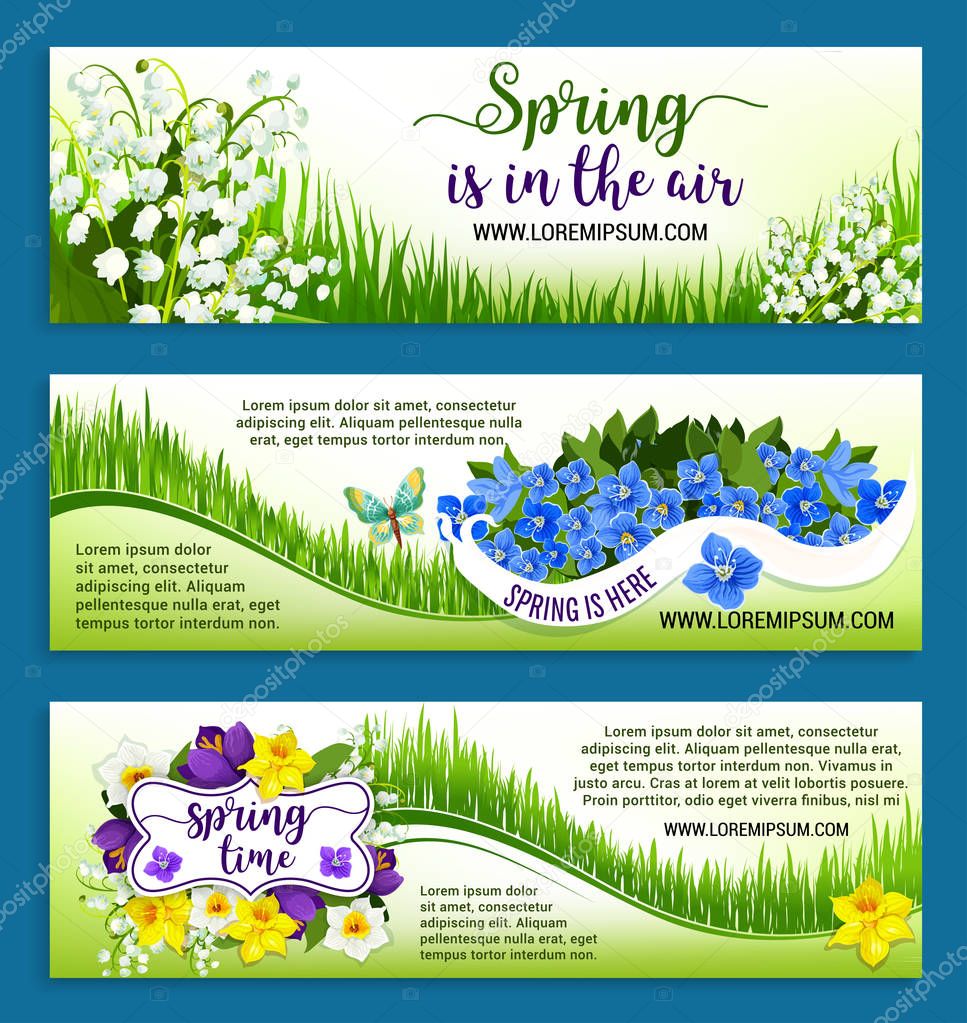 Hello Spring flowers wreath vector banners set