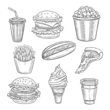 Fast food vektör kroki Icons set izole