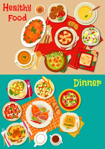 Salada fresca, sopa e pratos de carne ícone set design — Vetor de Stock