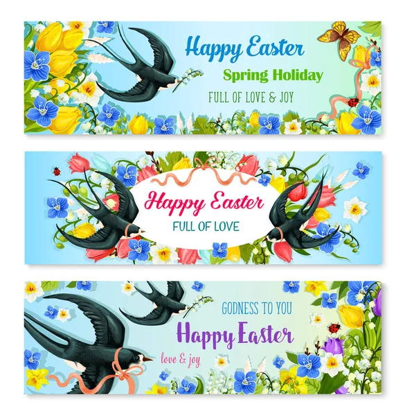 Banner διακοπών Πάσχα με λουλούδι άνοιξη και πουλί — Διανυσματικό Αρχείο
