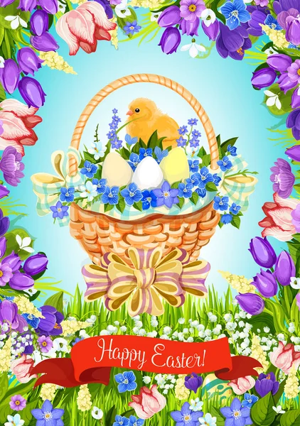 Ευχετήρια κάρτα Πάσχα αυγά Αναστάσιμο καλάθι διάνυσμα — Διανυσματικό Αρχείο