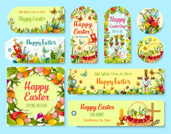 Easter holiday symbols tag and greeting poster set — Stock Vector