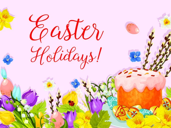 Easter paschal cake egg, willow flower vector card — Stock Vector