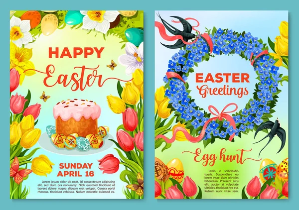 Cartaz de caça ao ovo de Páscoa, modelo de panfleto de convite — Vetor de Stock