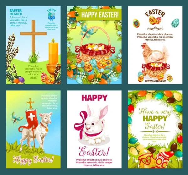 Święta Wielkanocne kreskówka zestaw kart okolicznościowych — Wektor stockowy