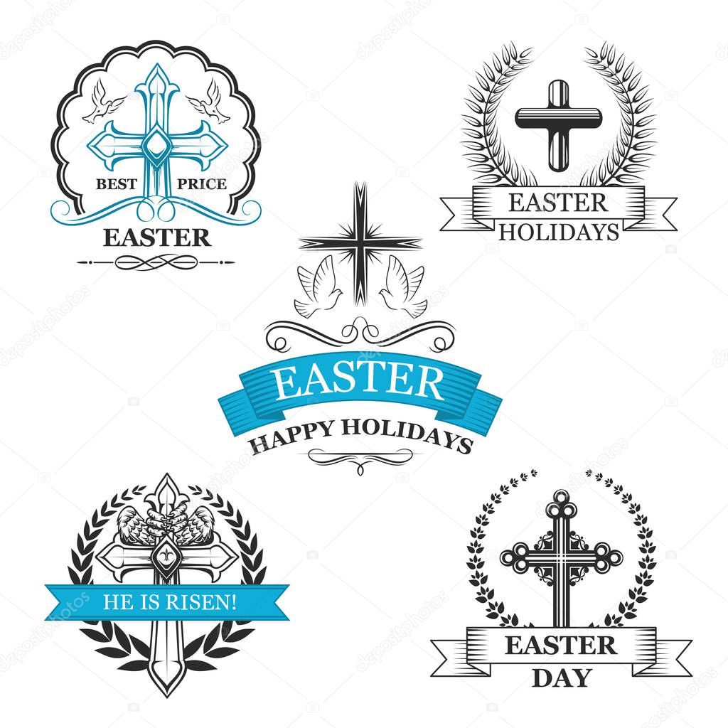 Easter holy cross with dove bird badge set