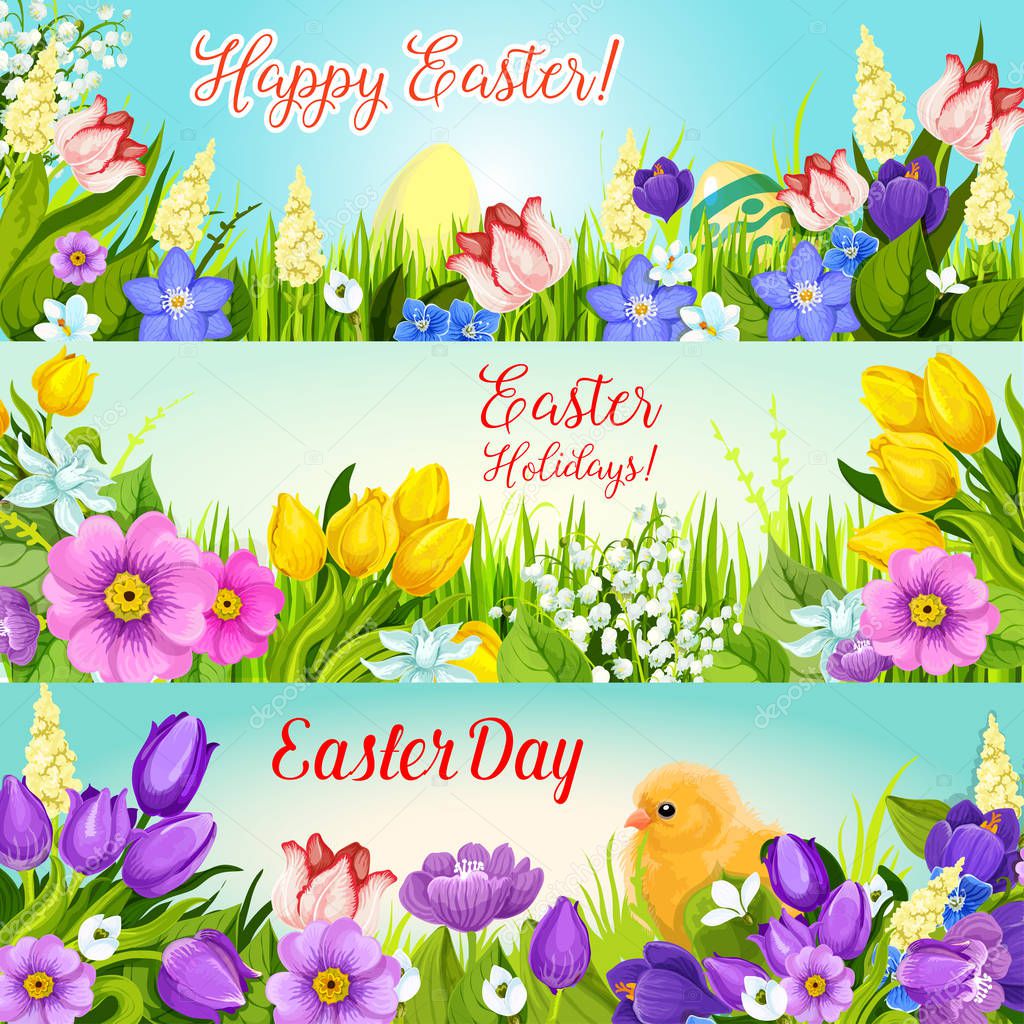 Easter banners paschal egg, flowers vector set