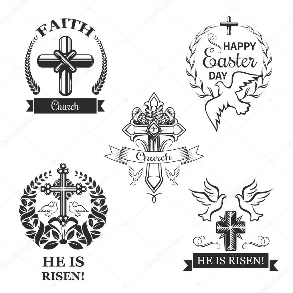 Easter holiday sign set with cross and dove