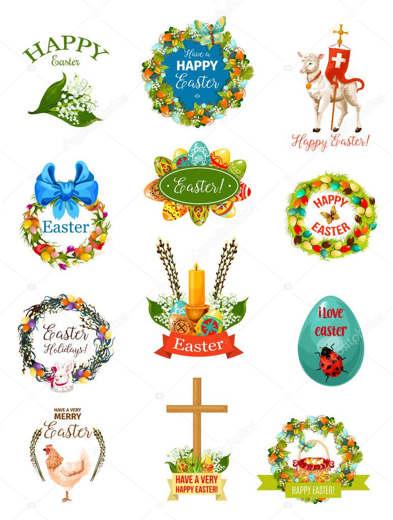 Easter cartoon label and badge set. Easter egg floral wreath of spring flowers with rabbit bunny, egg hunt basket, chicken, chick, Easter lamb, cross, ribbon, bow, butterfly and willow tree twigs
