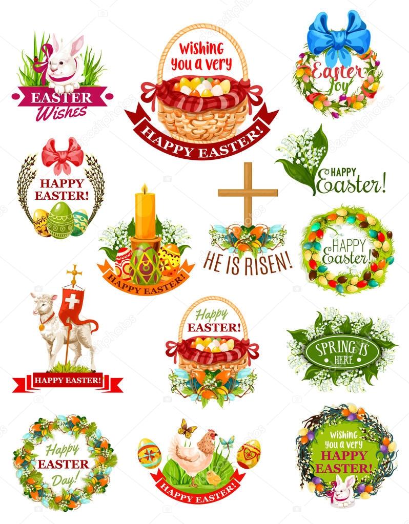 Easter holiday label and symbol set. Easter egg, rabbit bunny, spring flower of lily and tulip, egg hunt basket, chicken, floral wreath with bow, chick, Easter lamb, cross, candle with ribbon banner