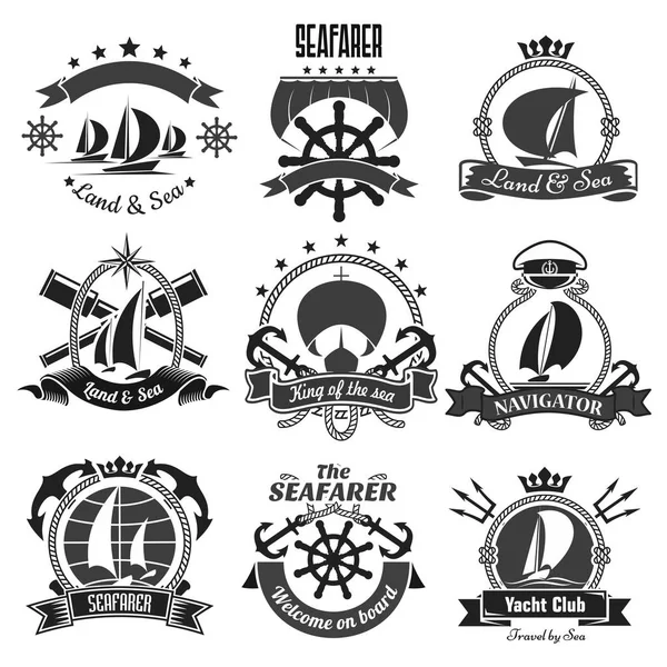 Nautische heraldische symbolen, mariene vector icons set — Stockvector