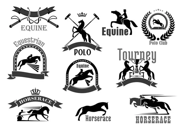 Horse racing or equine polo club vector icons set — Stock Vector