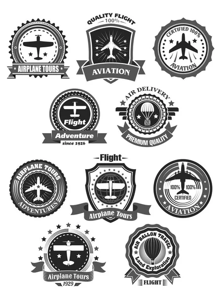 Aviation badges and air trip tour vector symbols — Stock Vector