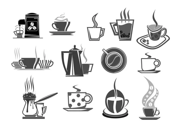 Cafe cafeteria coffee cups and beans vector icons — Stock Vector