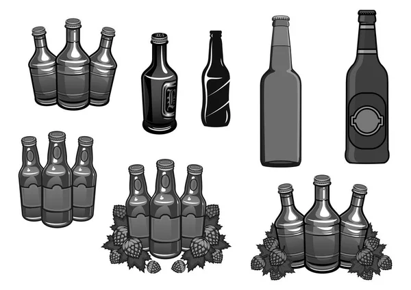 Garrafas de cerveja e lúpulo conjunto de ícones vetoriais cervejaria — Vetor de Stock