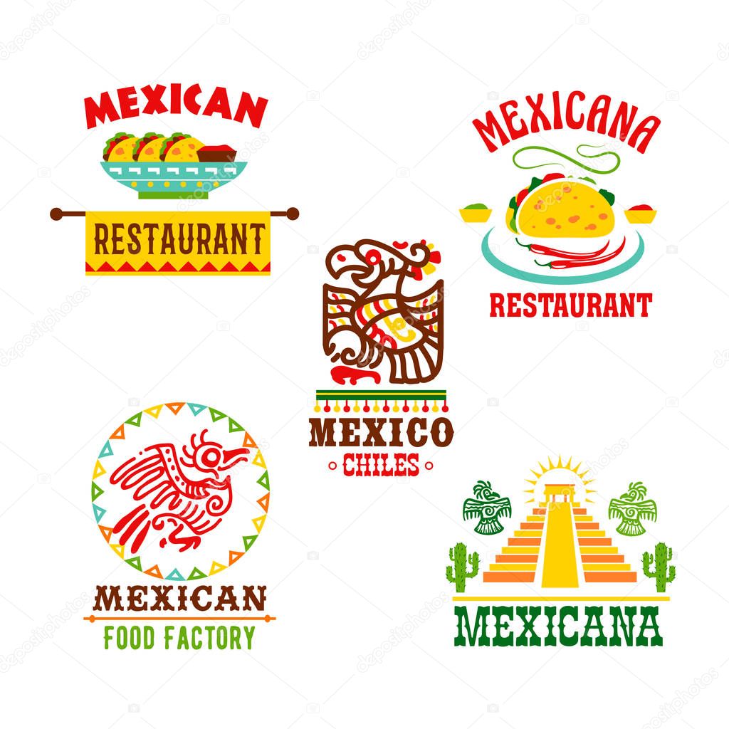 Mexican restaurant template icons set. Mexico cuisine symbols of chili pepper, tapas or burrito with spicy salsa and agave cactus. Vector badges set of Aztec or Maya ancient pyramids and totemic birds