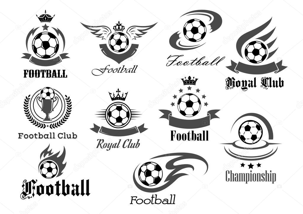 Football royal club icons set. Soccer tournament or championship game award badges templates. Vector symbols of fire ball with wings, goal victory ribbon and winner cup with crown of stars